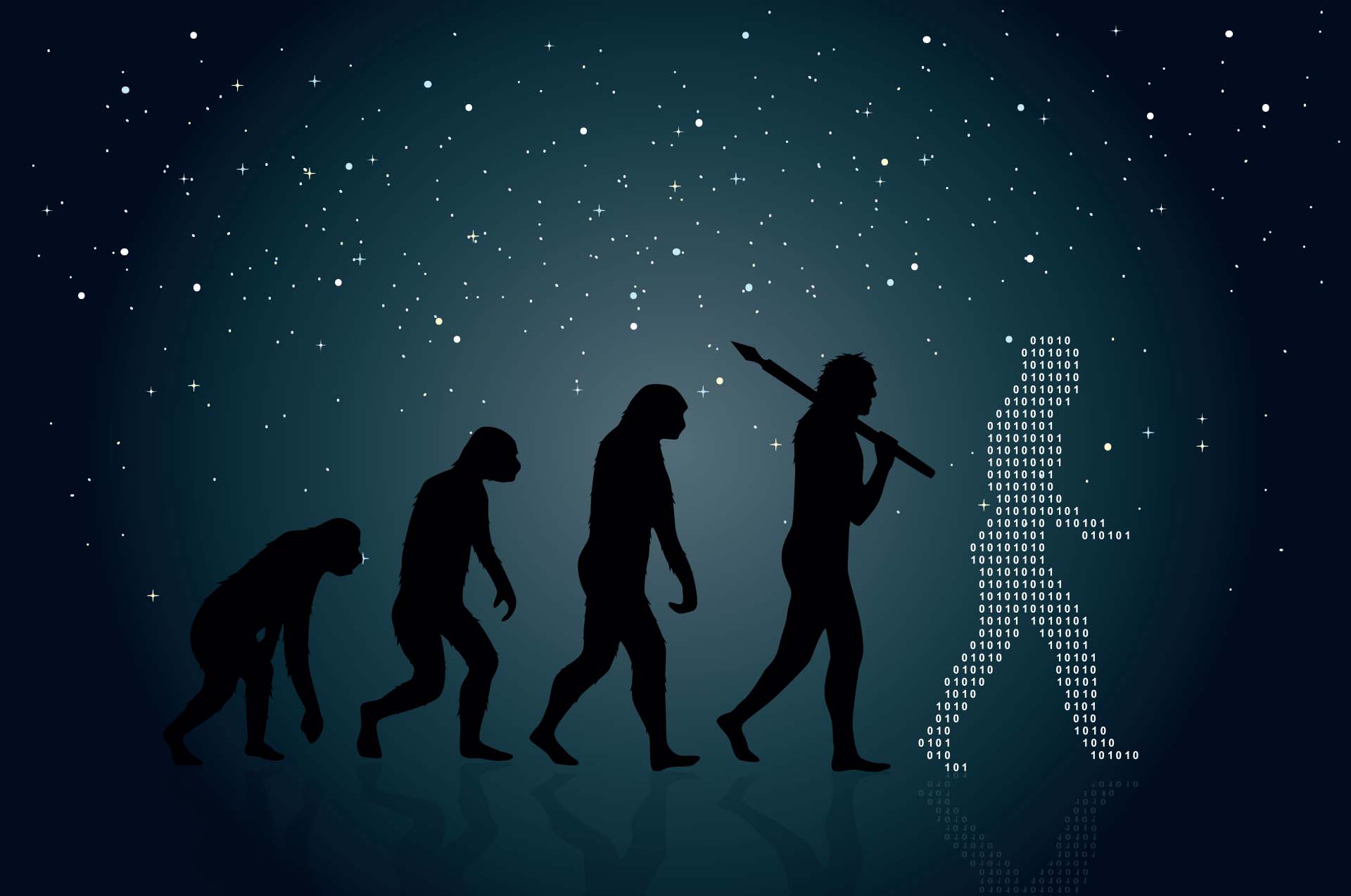 A classic evolution from ape to man line, except the man is made of numbers, implying he is digital.